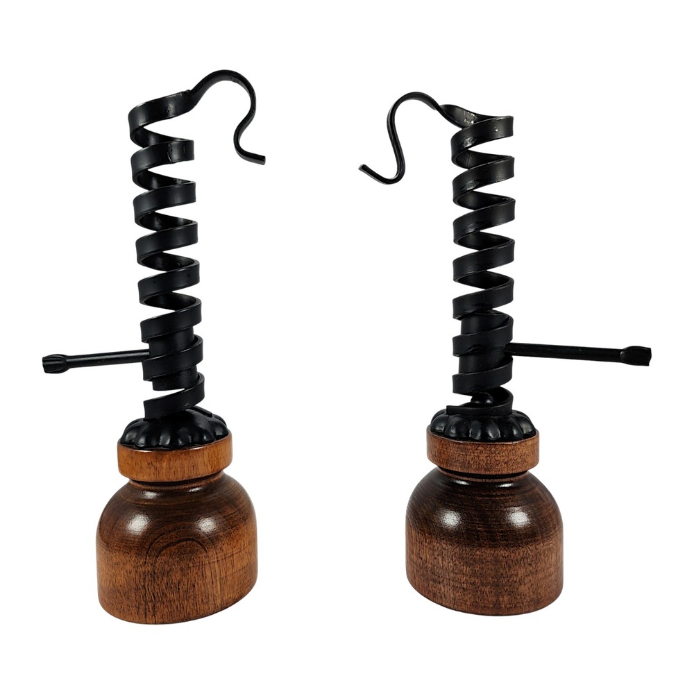 Vintage Adjustable Rustic Candle Holders, Wrought Iron and Wood, Set of 2